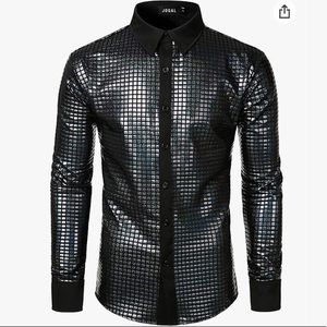 JOGAL Men's Dress Shirt Sequins Button Down Long Sleeve Shirts 70s Disco, Size S